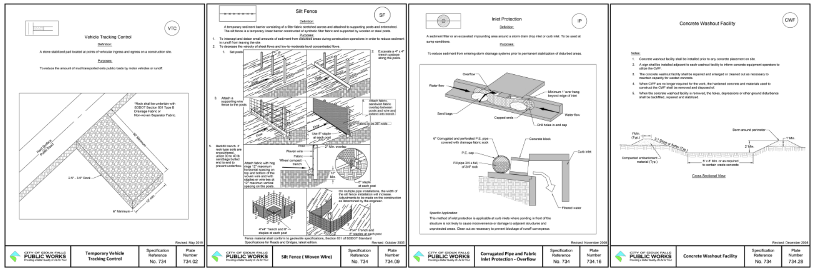 Standard details — tracking control, silt fence, inlet protection, washout