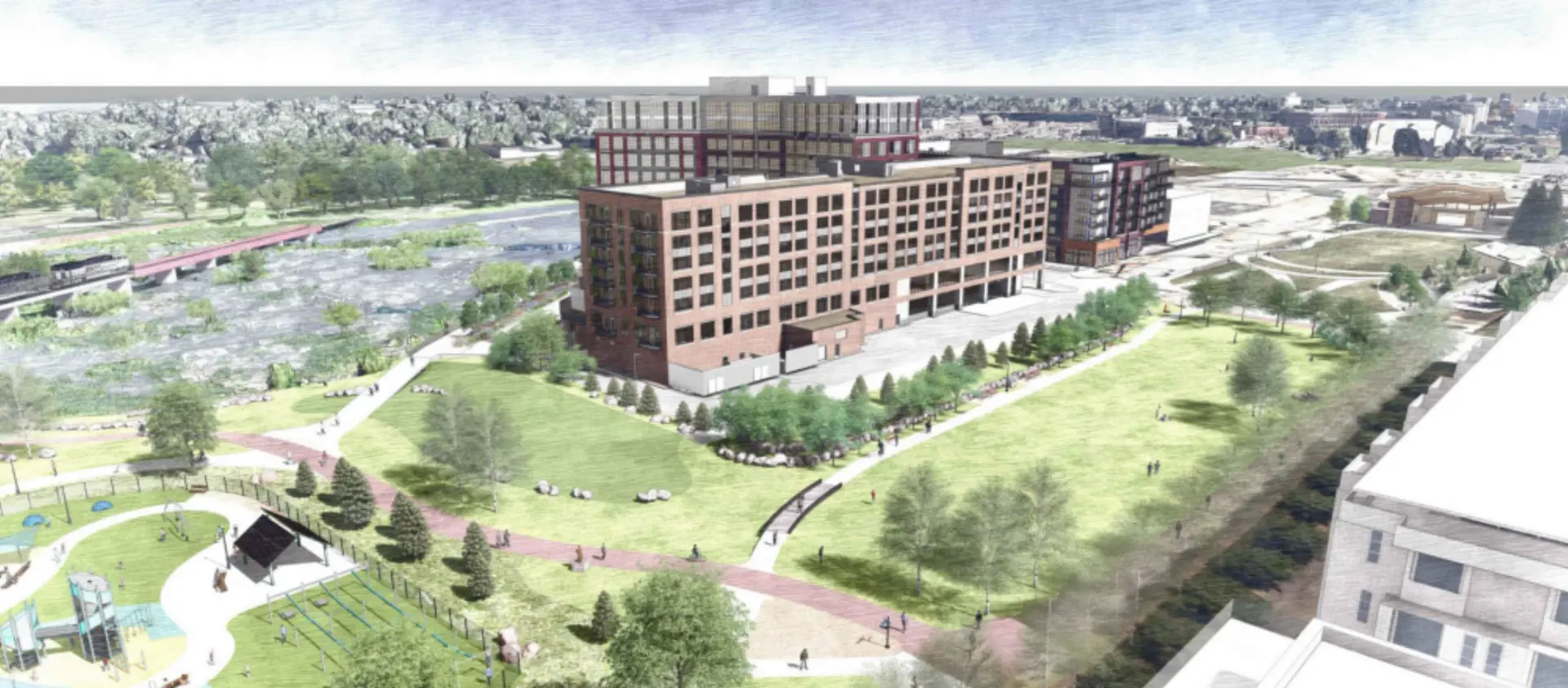 Concept rendering — plaza, green space and river frontage